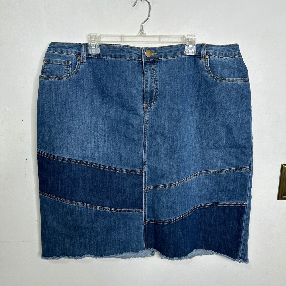 Denim Patchwork Raw Hem Jean Skirt Plus Size 24W‎ Blue Casual Knee Length